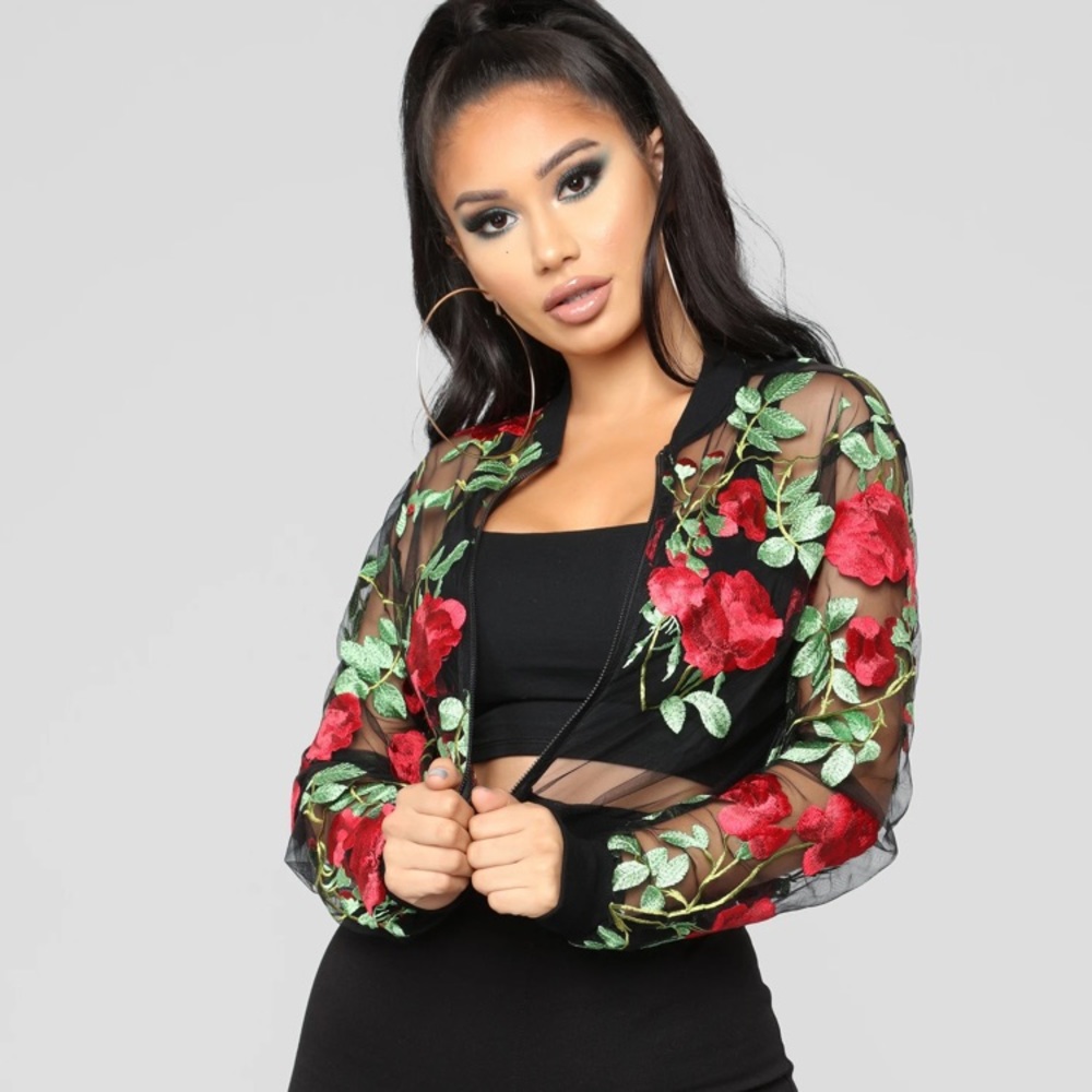 Fashion Nova Embroidered Rose Mesh Bomber Jacket